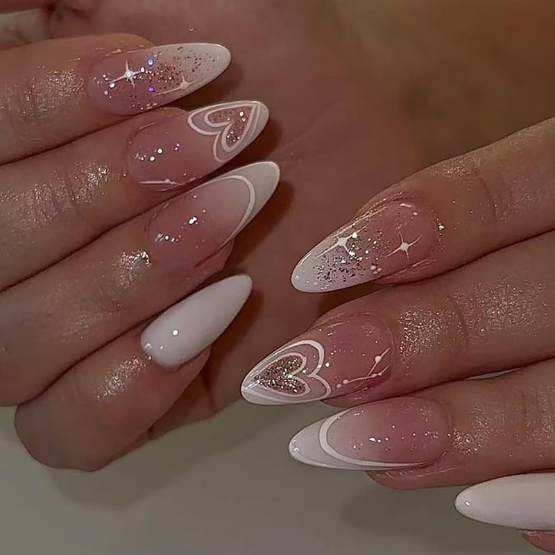 ASABITE 24 Pcs Valentine’s Day Press on Nails Almond False Nails Heart Fake Nails with Glitter Design Pink White Full Cover Artificial Nails French Medium Glue on Nails Reusable Stick on Nails for Women - Image 1